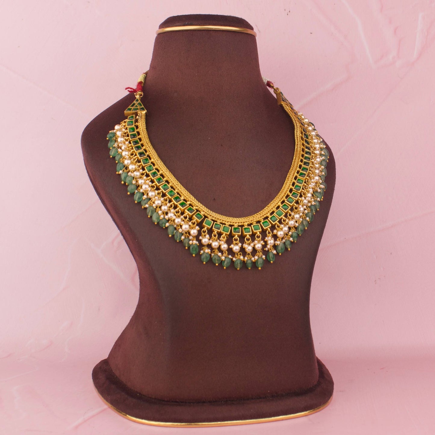 Premium gold Temple Reversible 2 in 1 Jadau Kundan Jalebi Necklace With Beads Hanging set worn