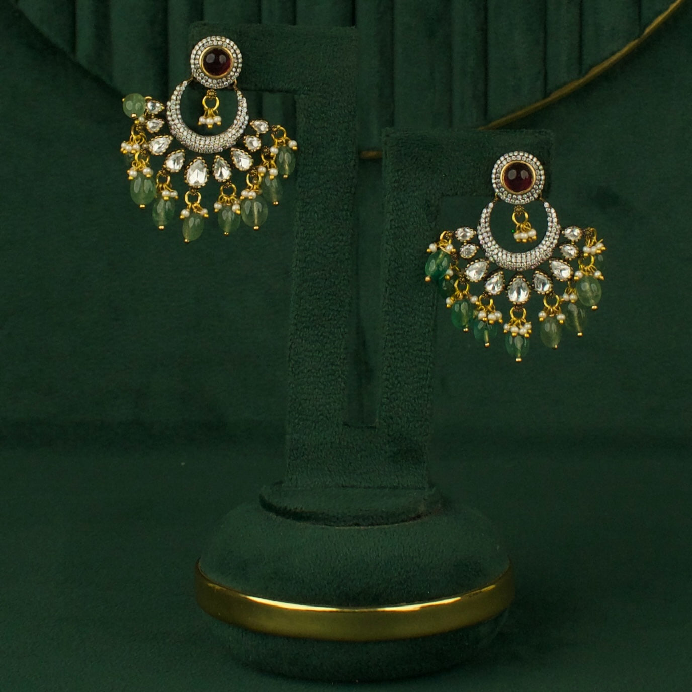Captivating Polki Victorian ChandBali with Green Beads