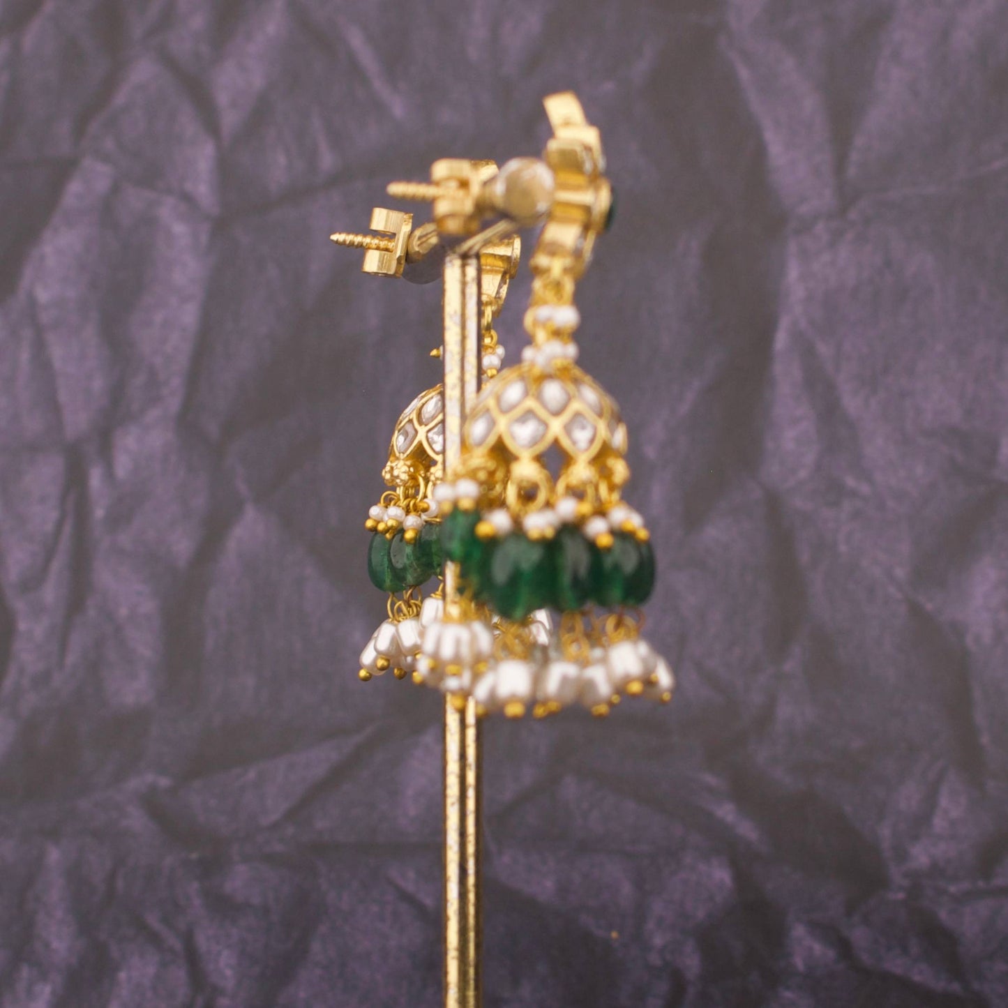 Floral Studded Jadau Kundan Jhumki With Pearl Hangings