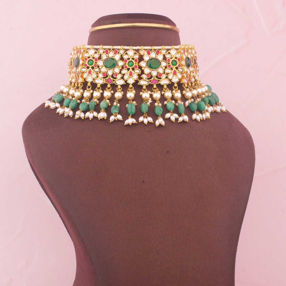 Bridal Moissanite Polki Choker With Emerald Drops
