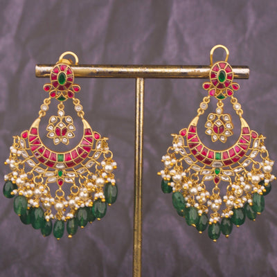 Royal Jadau Kundan Chandbali Earrings With Emerald Beads