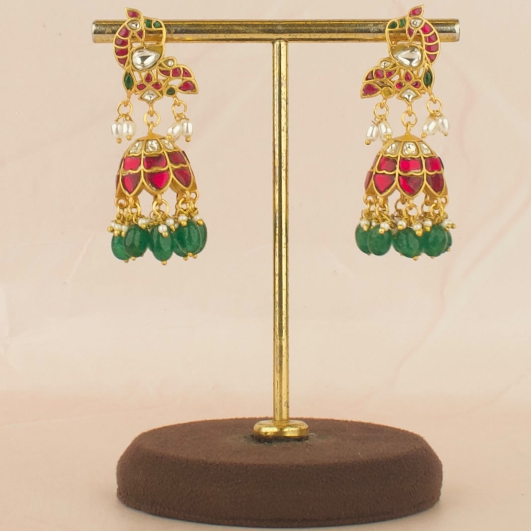 Peacock Design Studded Jadau Kundan Jhumki with Beads
