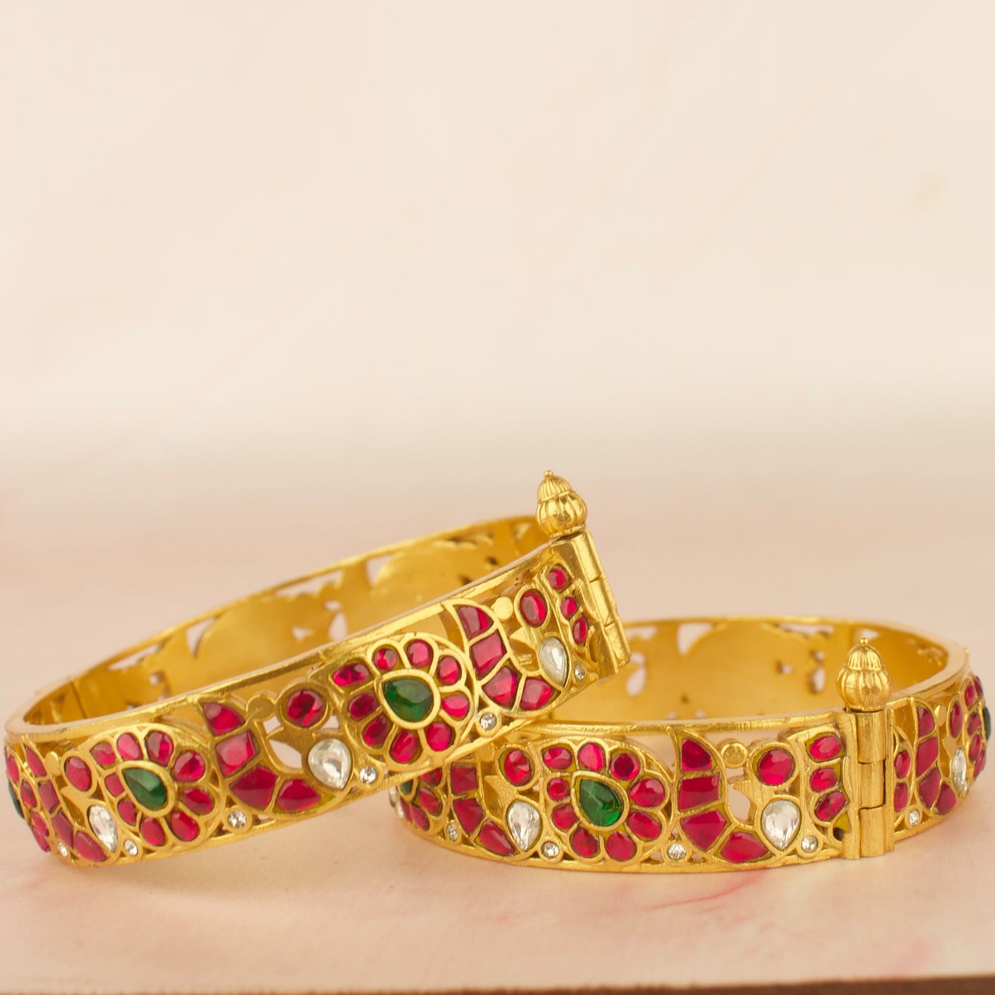 Gold Style Floral Peacock Design Jadau Kundan Bangles