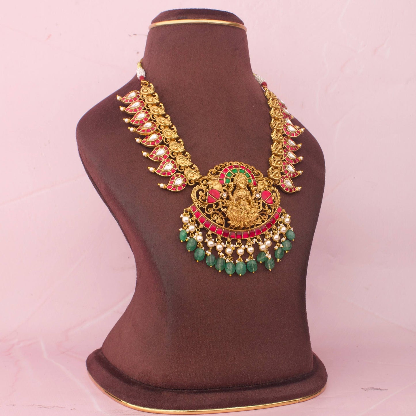 South Indian Lakshmi Devi Jadau Necklace With Green Hangings