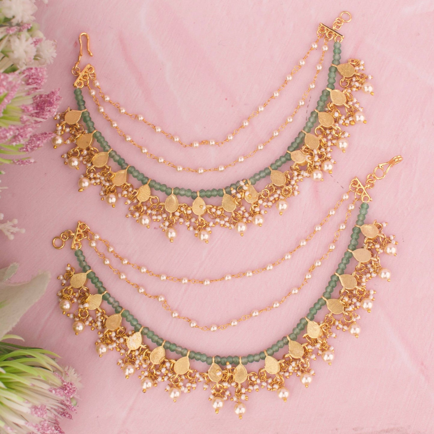 Elegant Jadau Kundan Earchain With Pearl Hangings