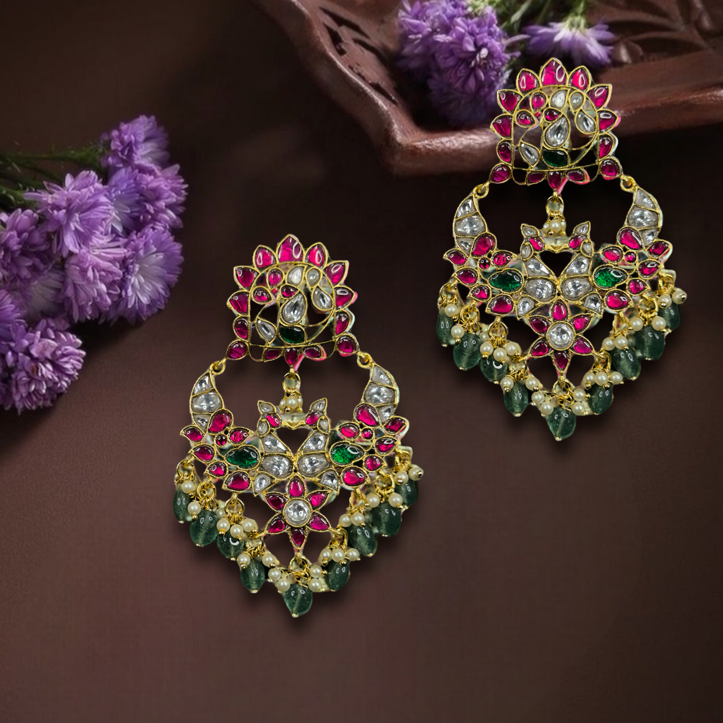 Elegant Lotus Jadau Kundan Chandbali Earrings - DULHAN JEWELS