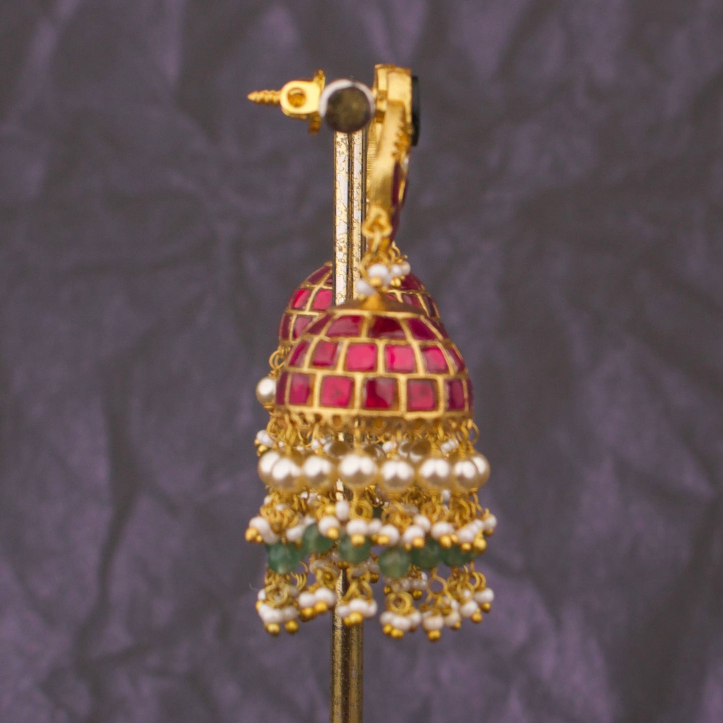 Classic Jadau Kundan Studded Chand Design Jhumka Earrings With Multi Pearl Layer Drops - Alternate View 1