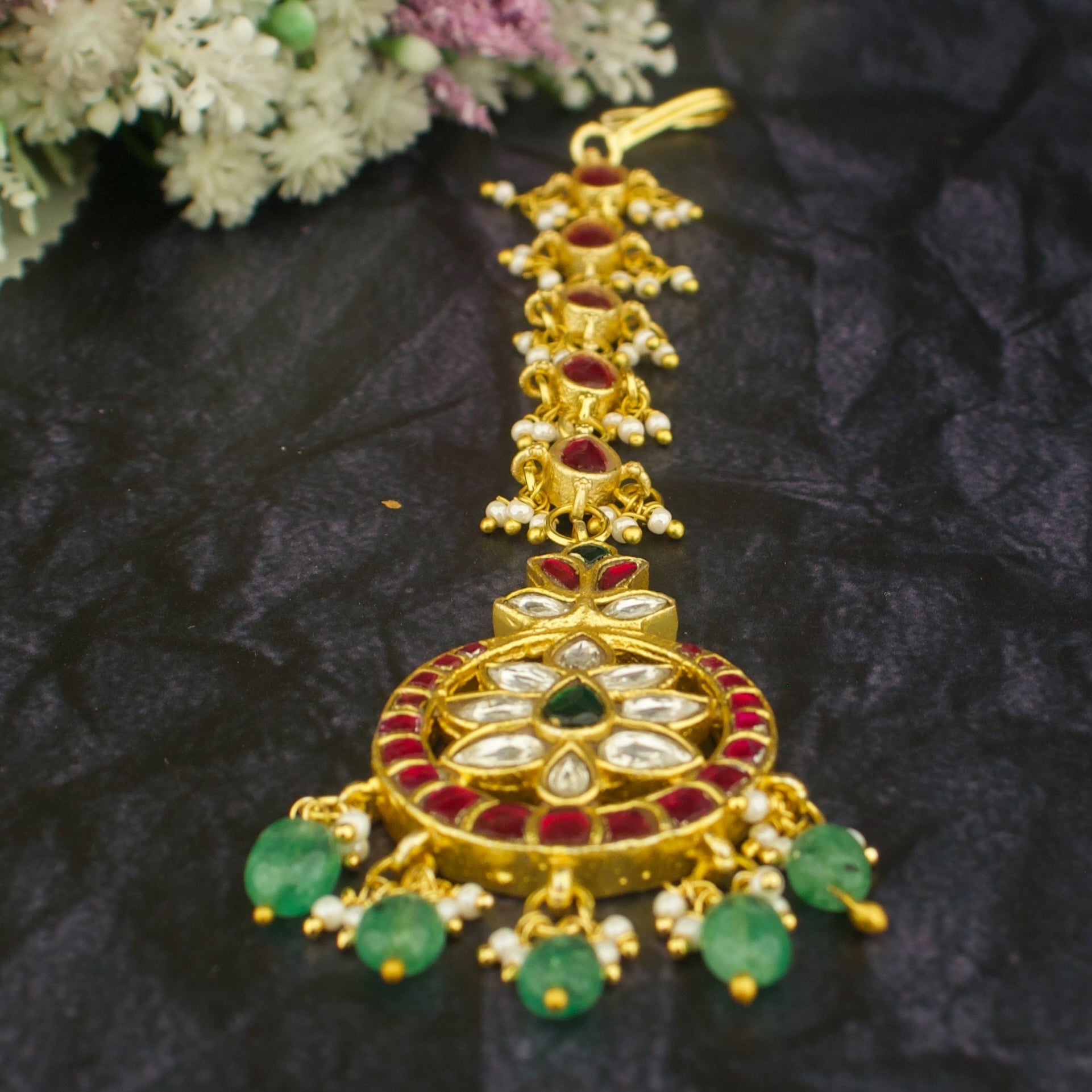 Bridal Chandbali Design Jadau Kundan Long Maang Tikka