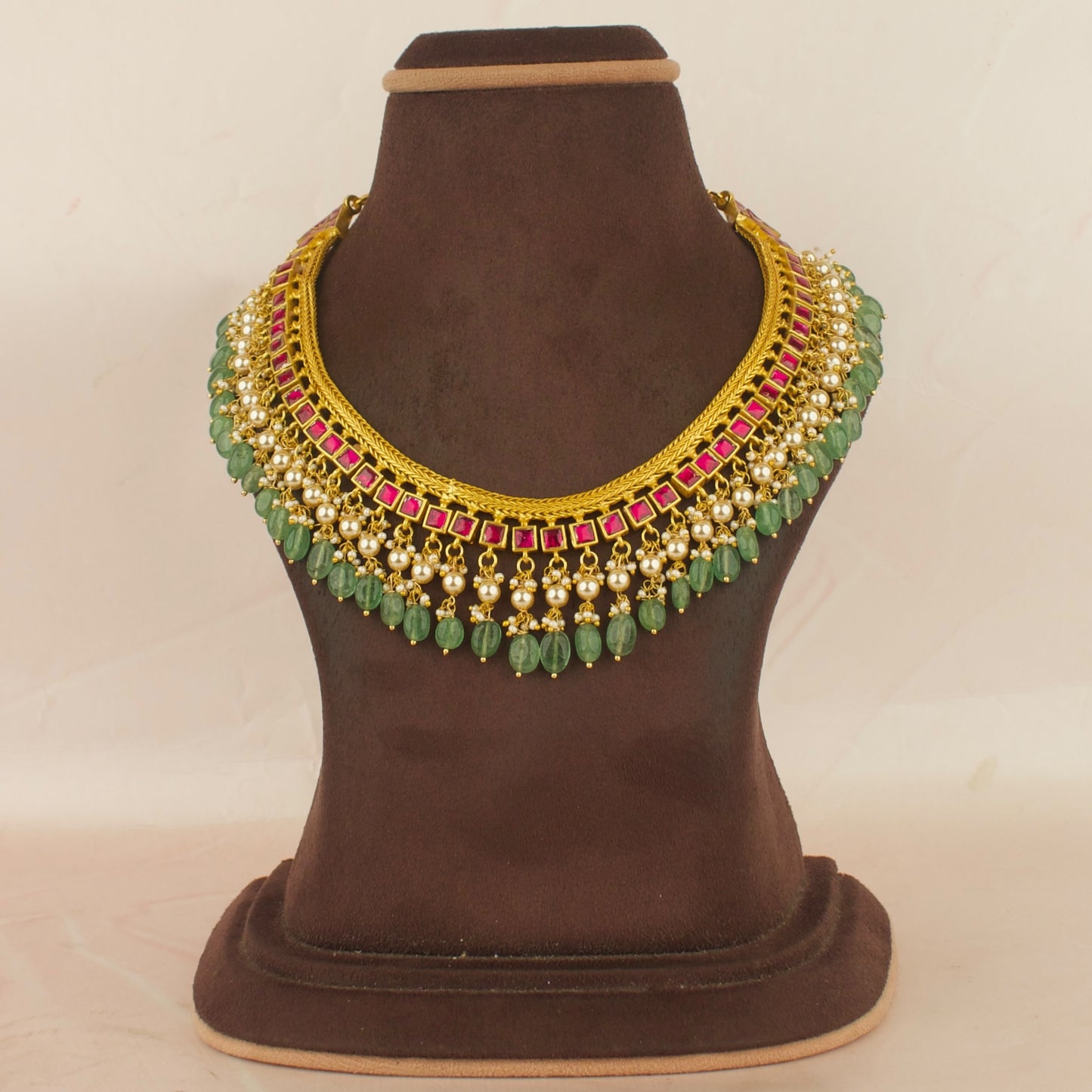 Reversible Opulent Design Jadau Kundan Necklace with Green Beads Hanging