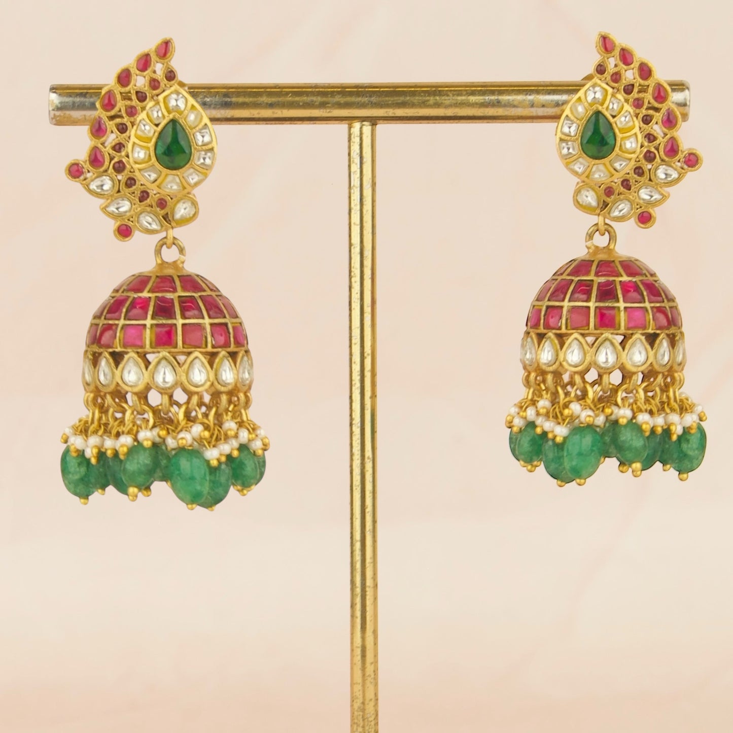 Captivating Bridal Jadau Kundan Jhumki with Green Beads
