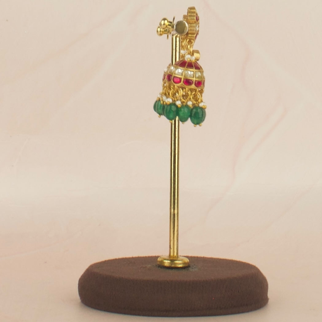 Flower Design Jadau Kundan Jhumki with Green Beads