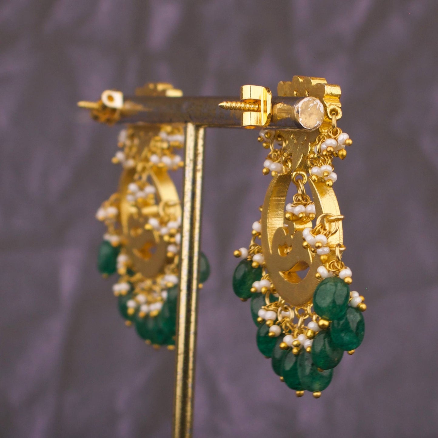 Designer Jadau Kundan Chandbali Earrings With Emerald Beads