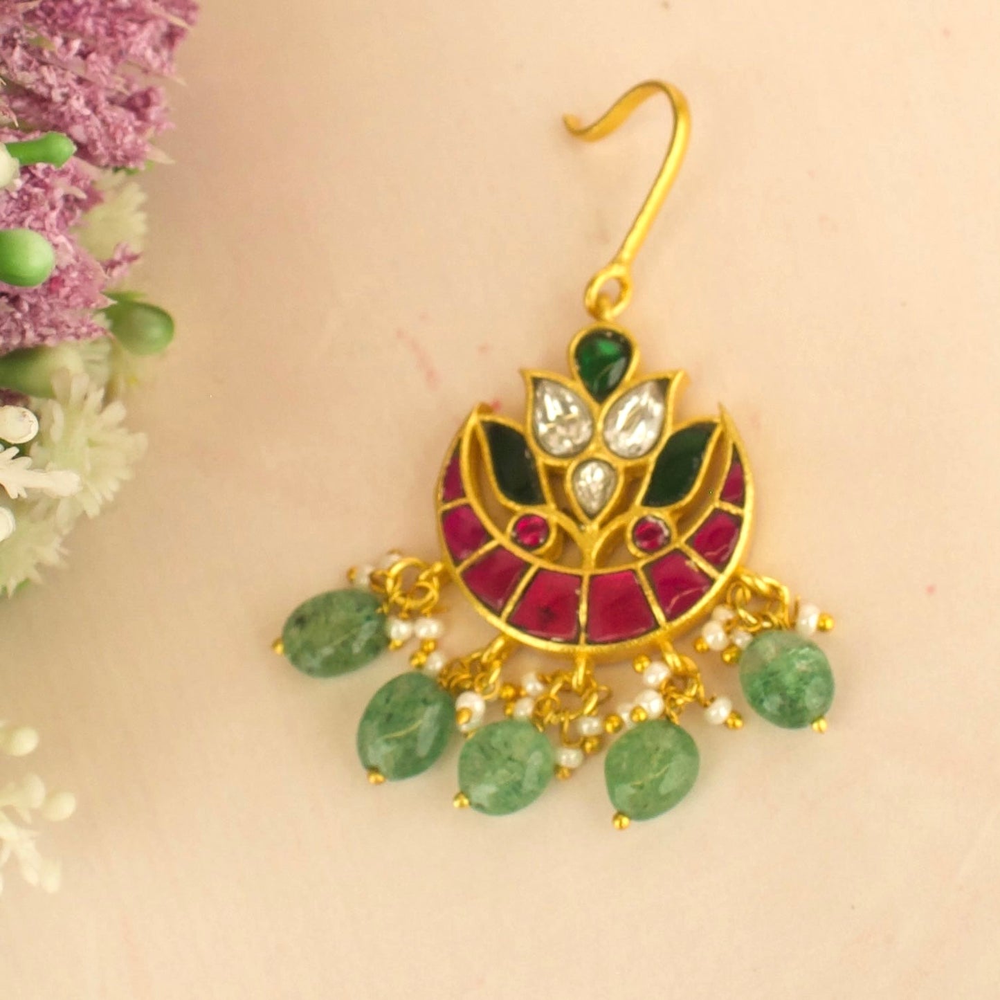 Chandbali Lotus Design Jadau Kundan Short Maang Tikka