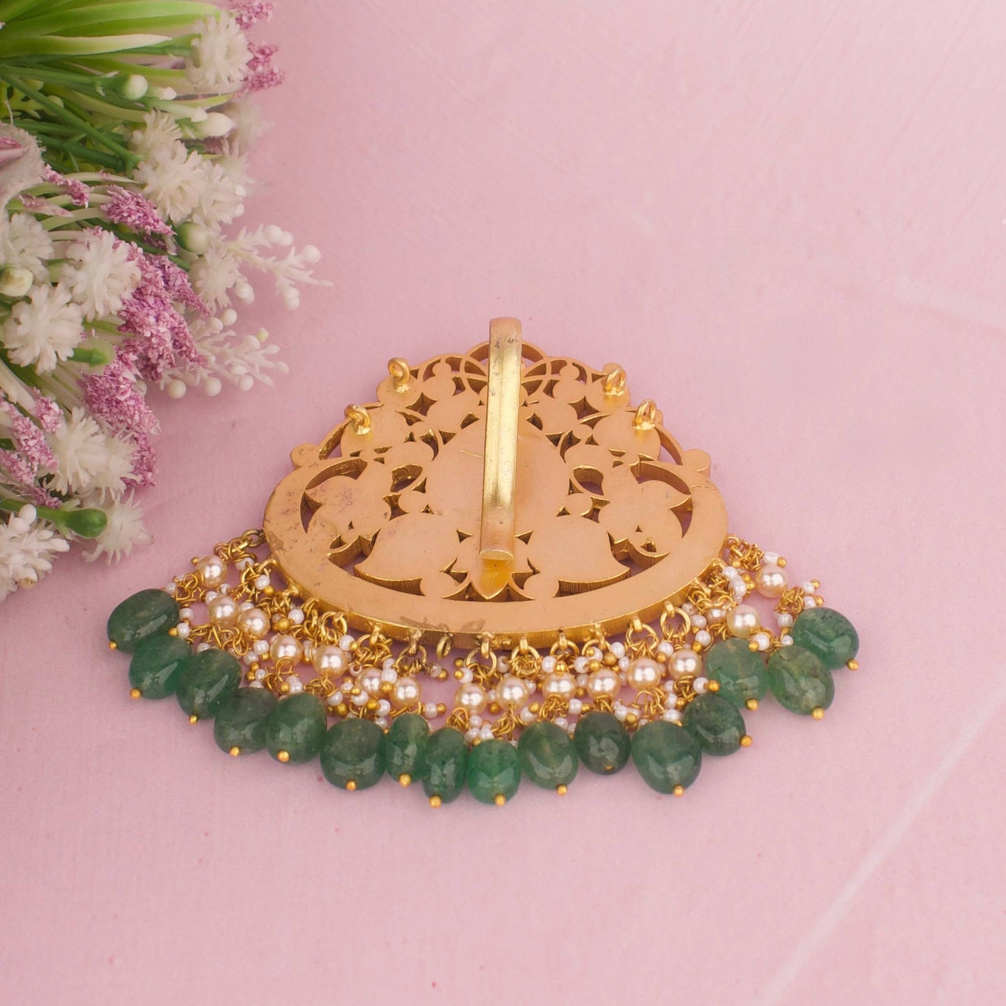Luxury Jadau Kundan Chand Pendant With Emerald Green Beads