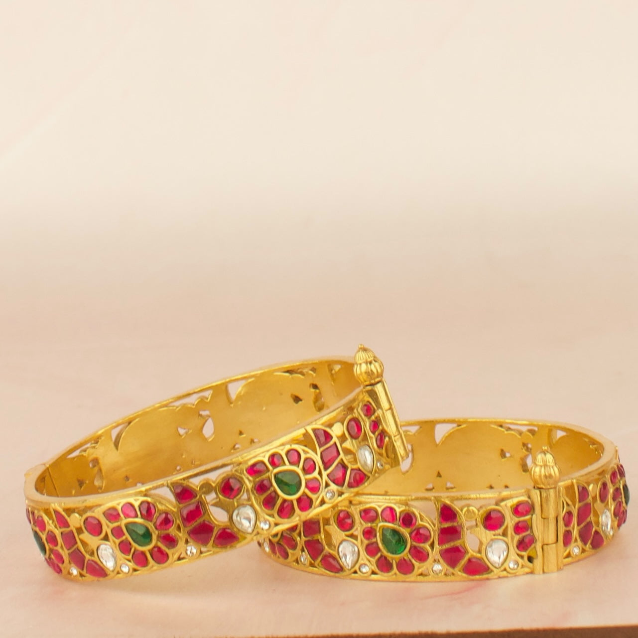 Gold Style Floral Peacock Design Jadau Kundan Bangles