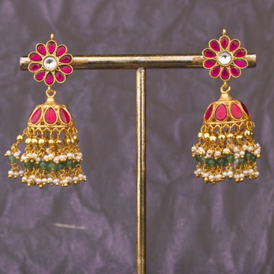 Floral Jadau Kundan Jhumka Earrings With Hangings