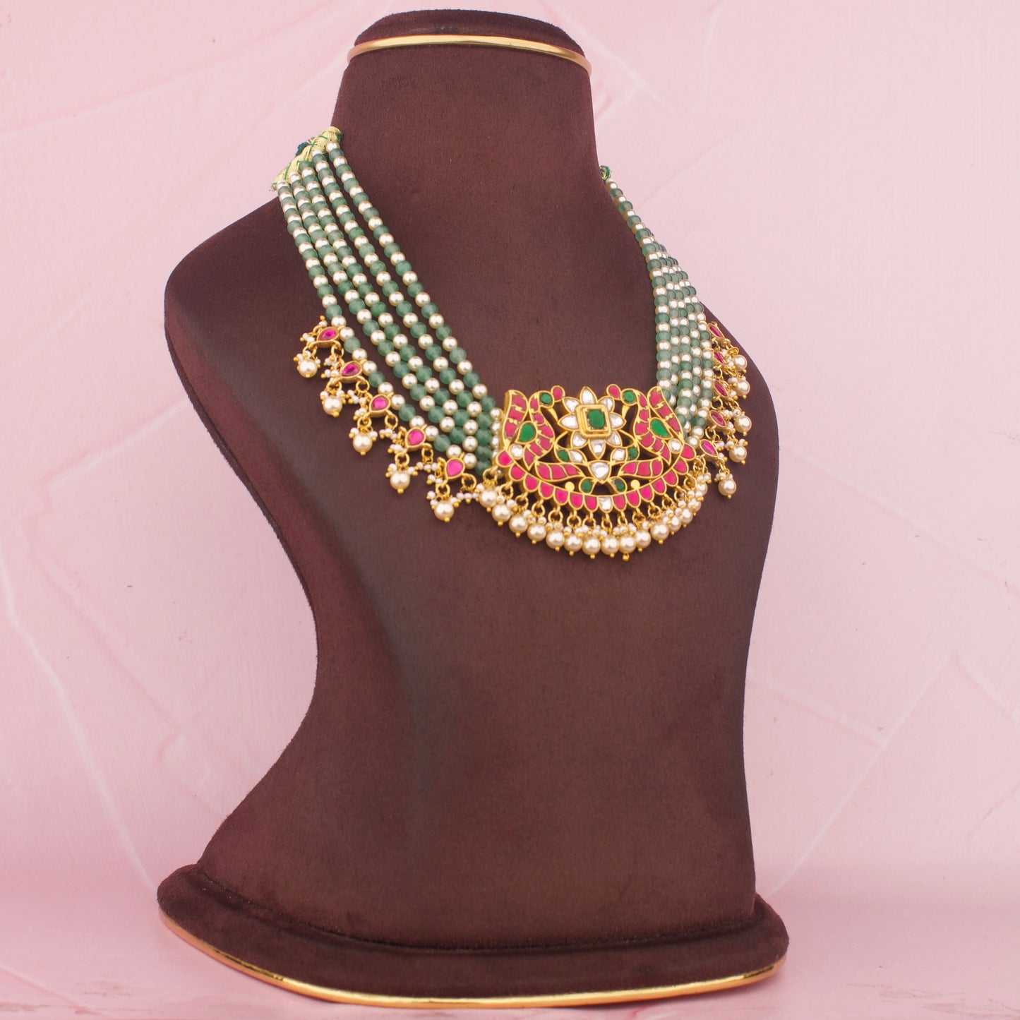 Floral Jadau kundan peacock Design Necklace In Pearl And Kundan Hangings