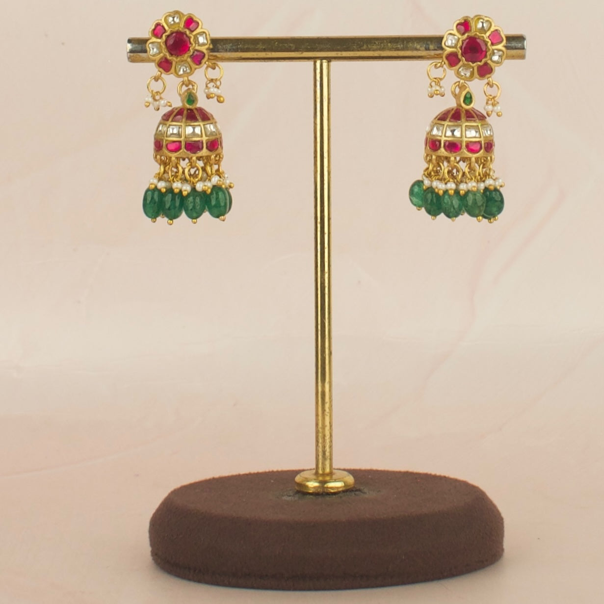 Flower Design Jadau Kundan Jhumki with Green Beads