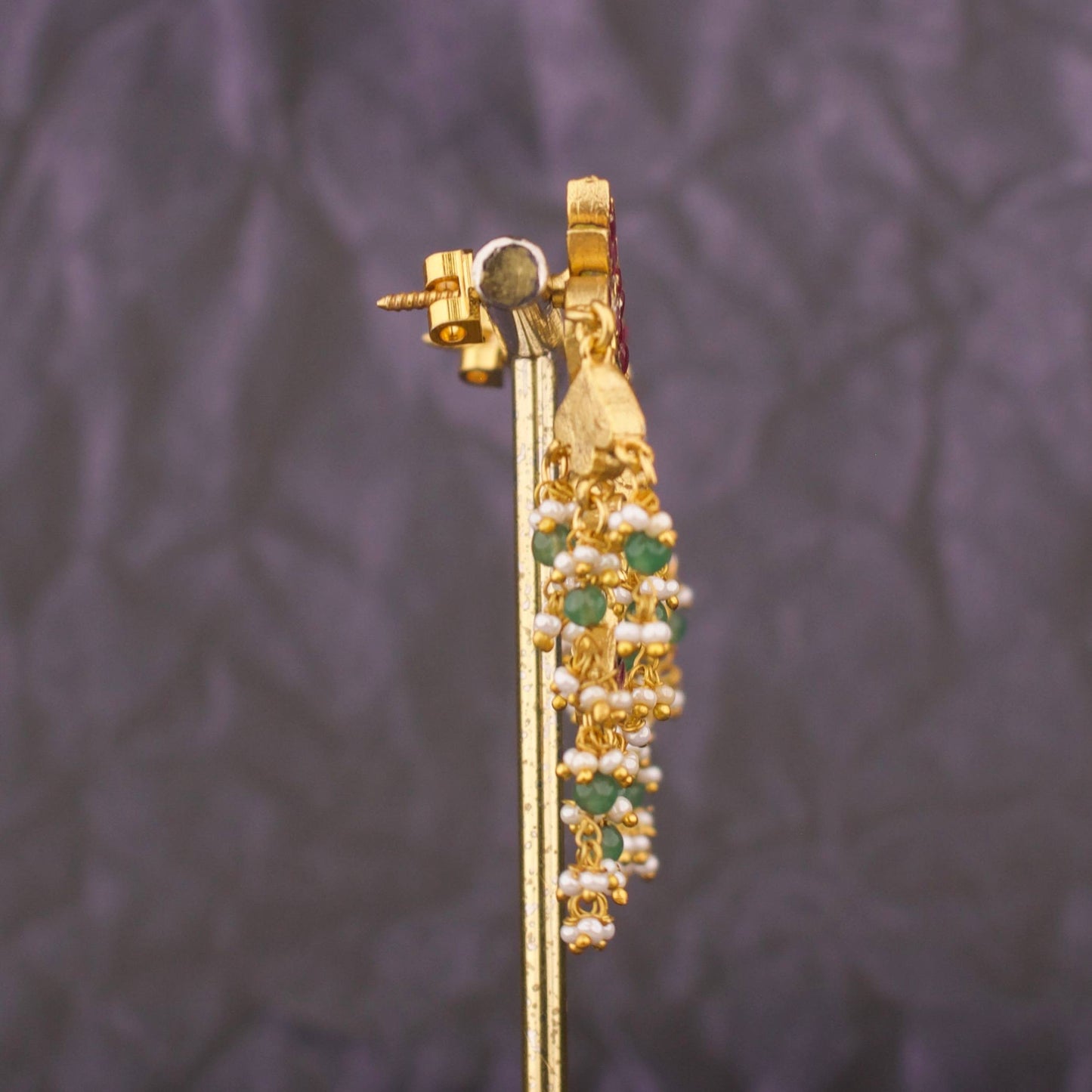 Peacock Studded Jadau Kundan Earrings With Green Beads - Alternate View 1