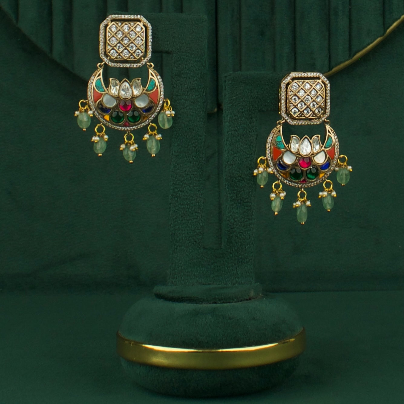 Regal Polki Mehandi Victorian Chand Bali Earrings
