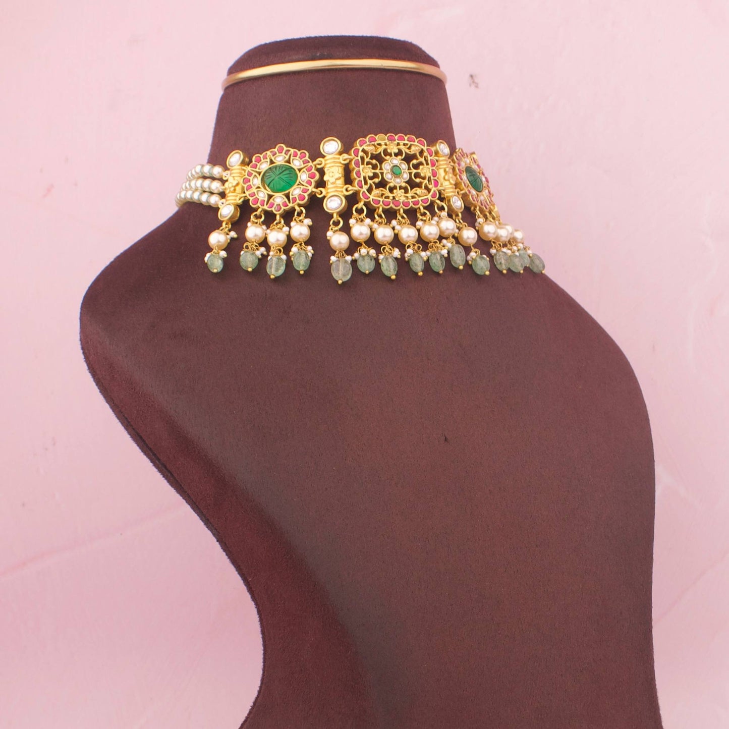 Premium Jadau Kundan Choker Necklace With Emerald Green Stones And Pearl Hangings