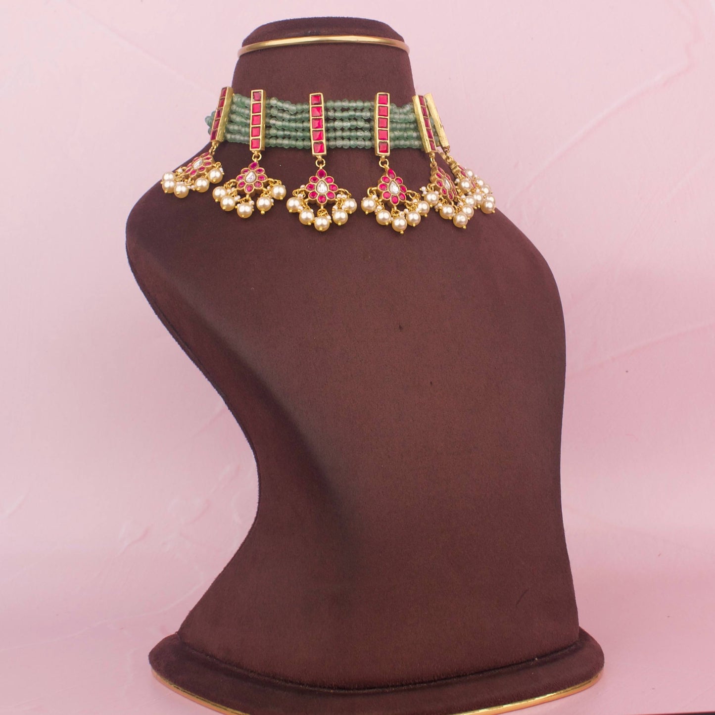 Grand Jadau Kundan Beads Choker With Floral Droplets