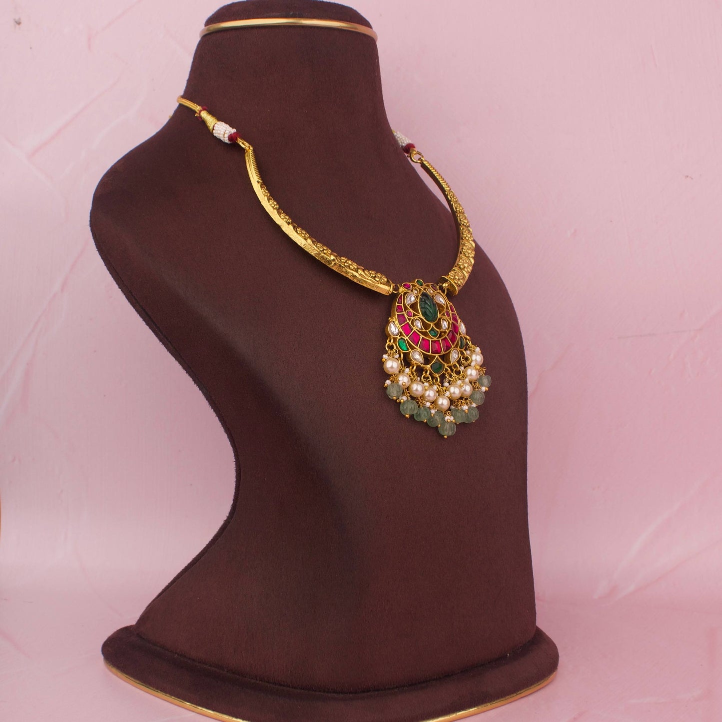 Gold Style Jadau Kundan Kanti Necklace With Pearl & Pumpkin Beads Hangings