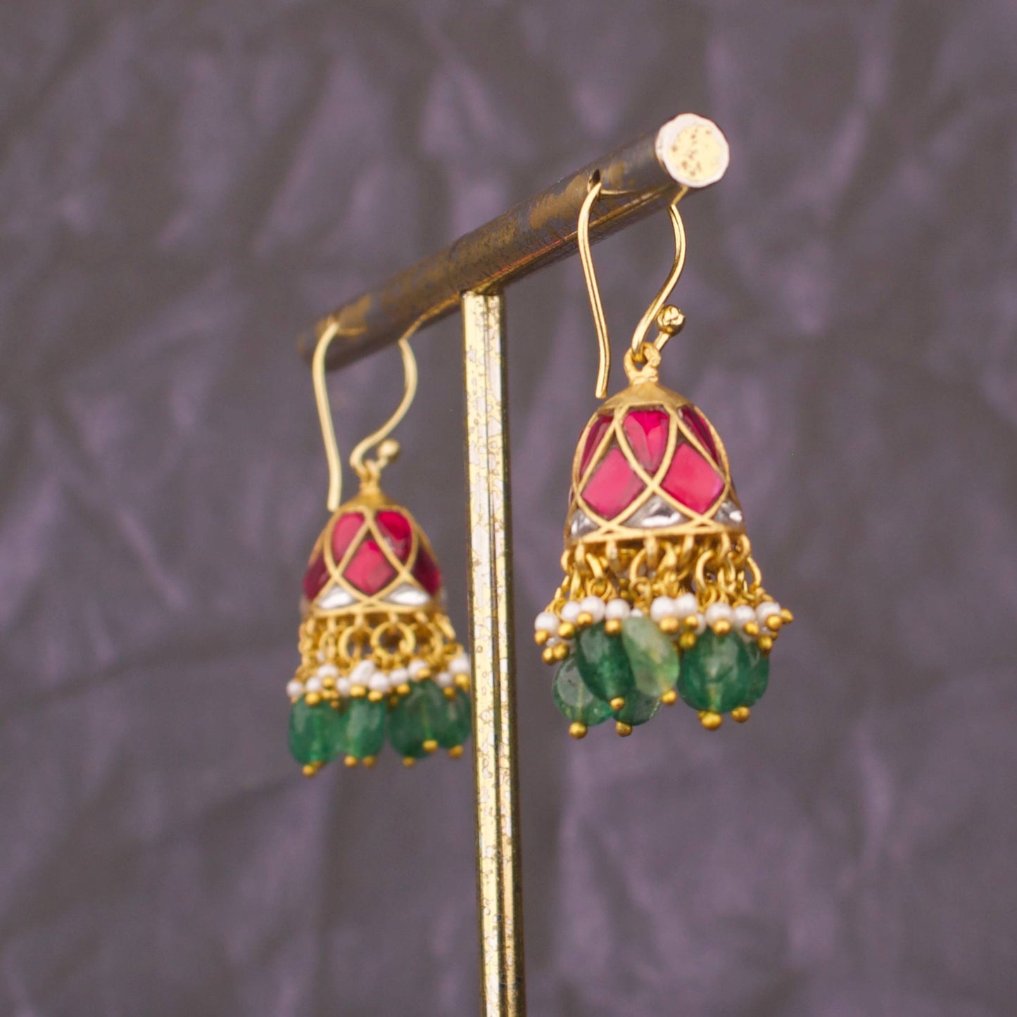Jadau Kundan Mini Jhumki Hangings With Green Beads - Alternate View 1