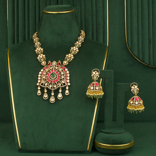 Opulent Victorian Kundan & Polki Fusion Necklace With Jhumki Earrings