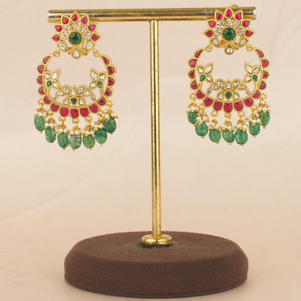 Heritage Floral Design Studded Jadau Kundan Chandbali with Green Beads