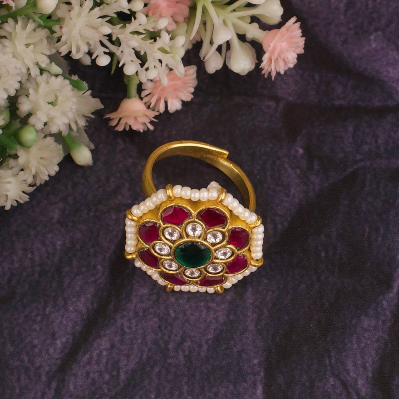 Floral Design Jadau Kundan Pearl Bordering Finger Ring
