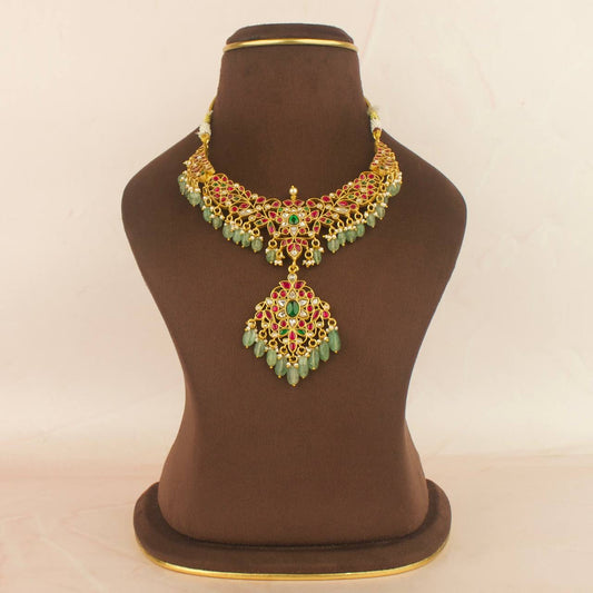Sleek Jadau Kundan Short Necklace With Strawberry Beads As Hangings