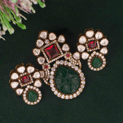 Unique Victorian Polki Pendant Set With Matching Earrings
