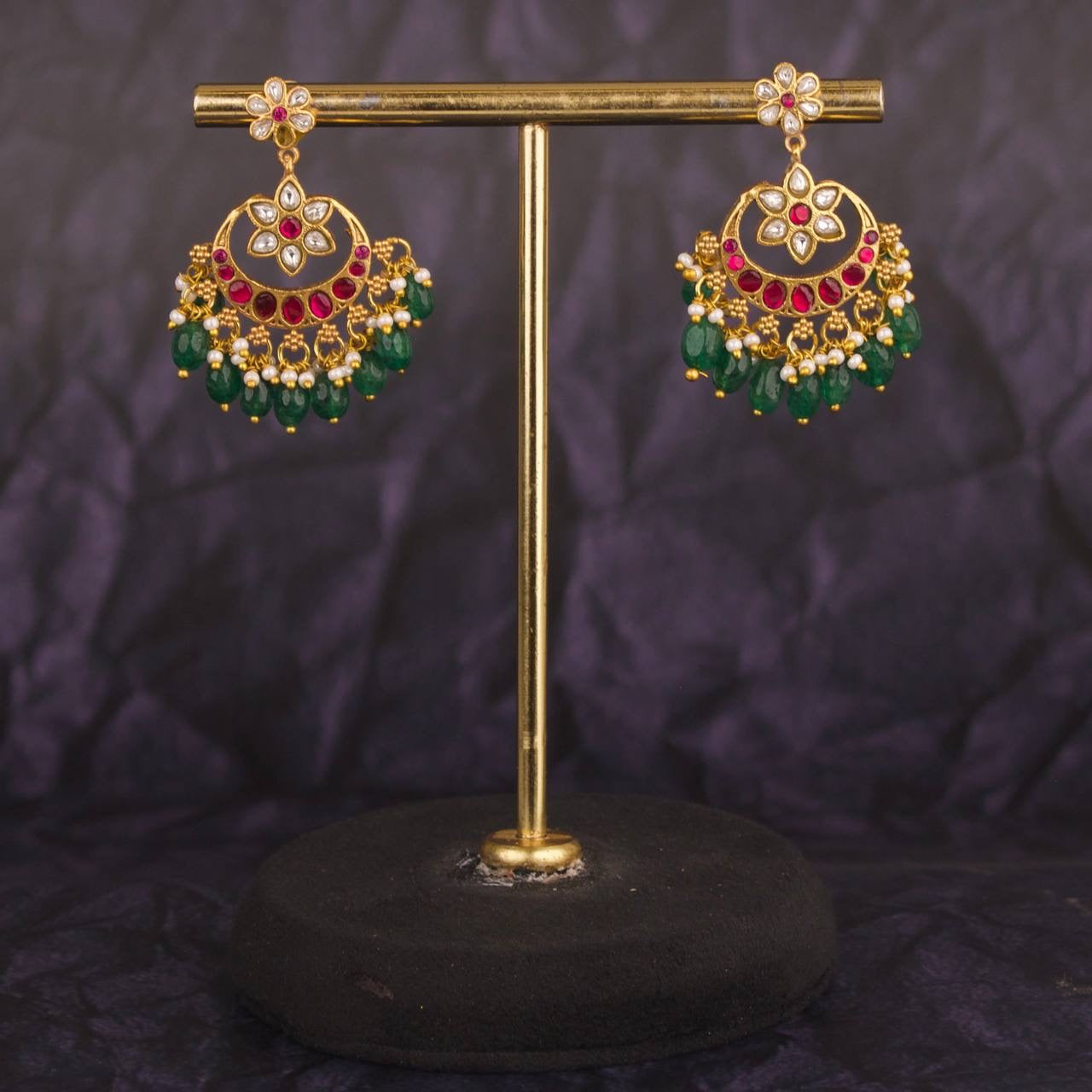 Cute Floral Studded Chandbali Hanging Earrings