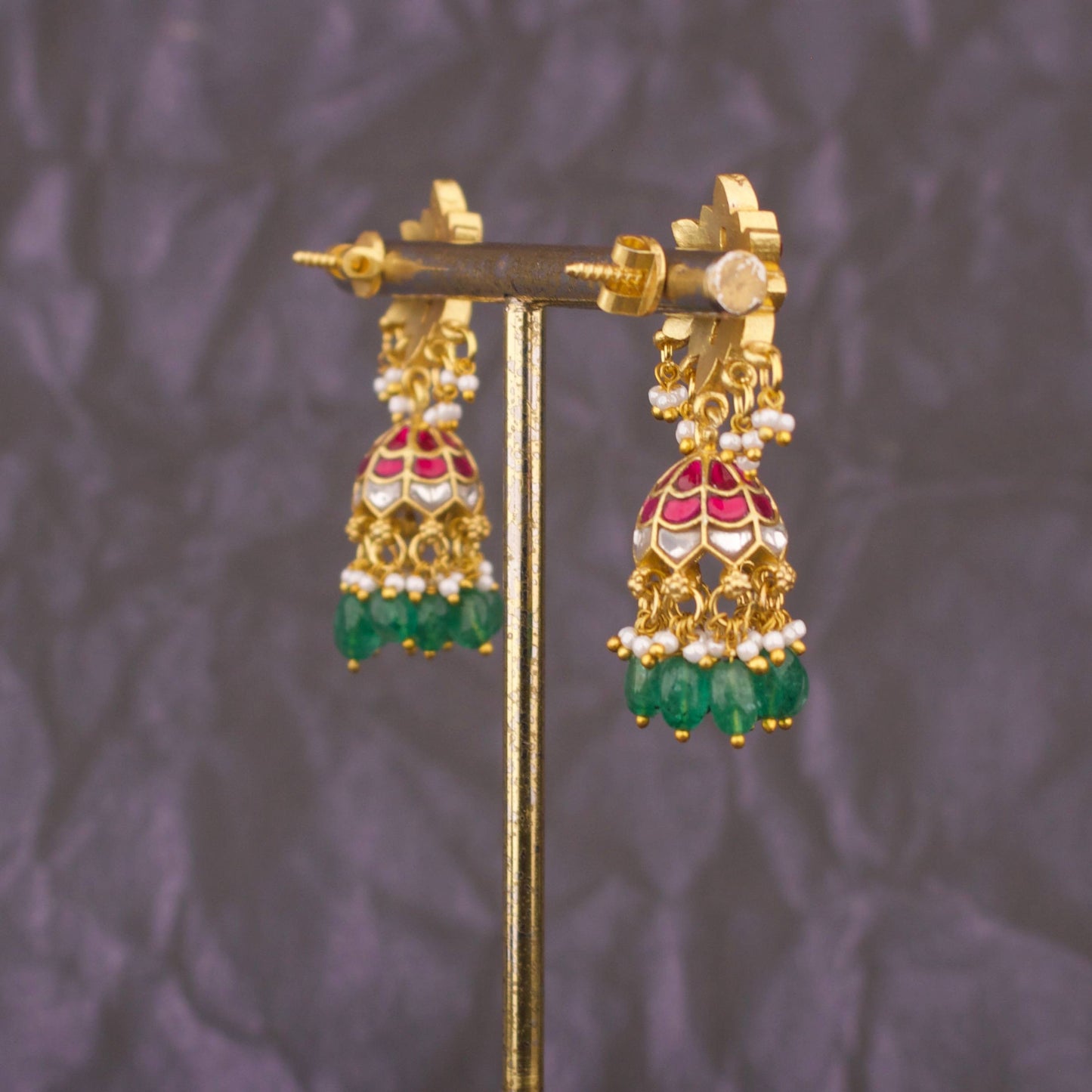 Floral Design Jadau Kundan Jhumka Earrings With Green Beads