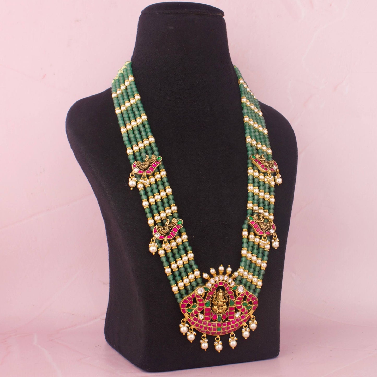Side view of premium temple Traditional Long Haram With Lord Ganesh Pendant for bridal fashion looks
