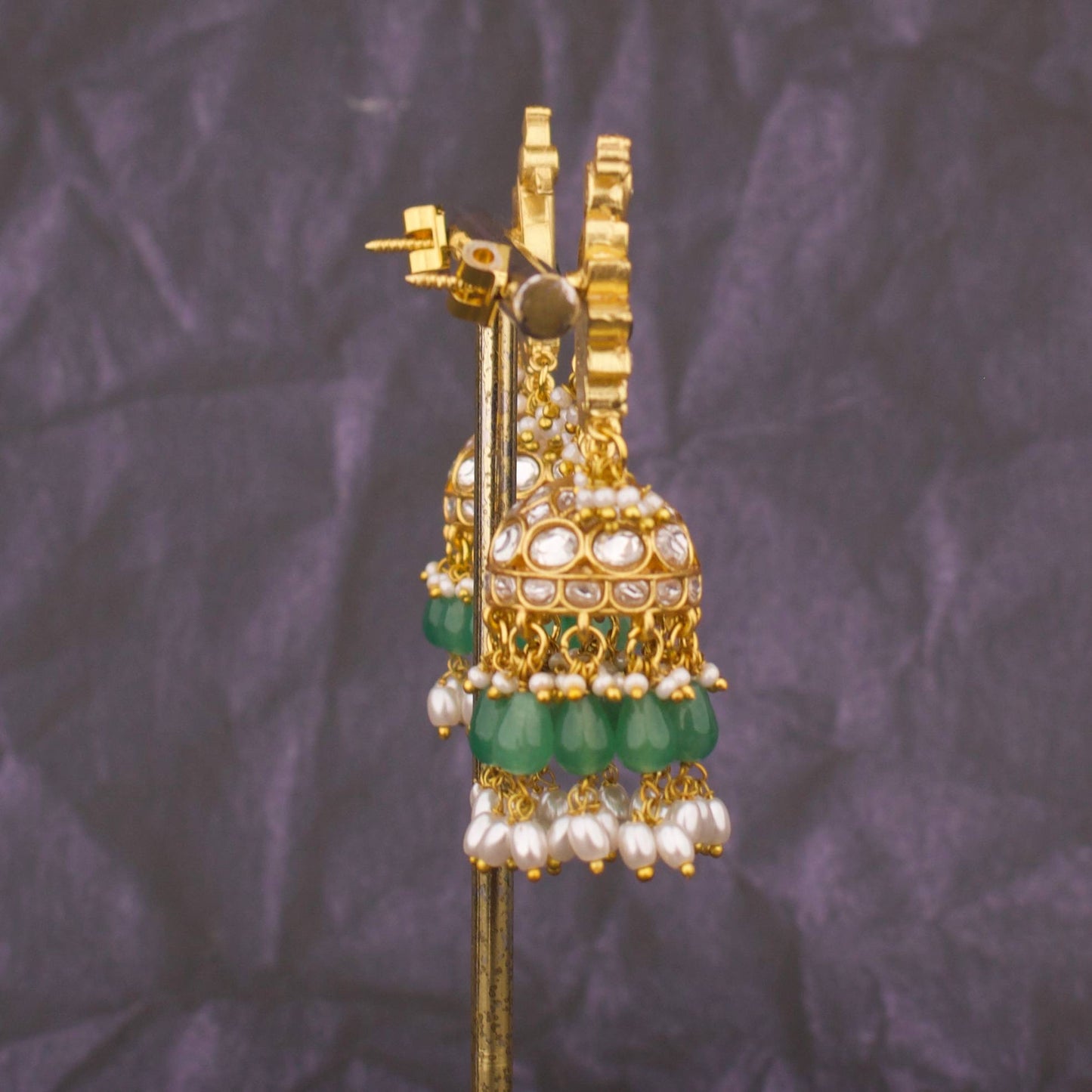 Heritage Peacock Design Jadau Kundan Jhumki With Green Beads And Pearl Danglings