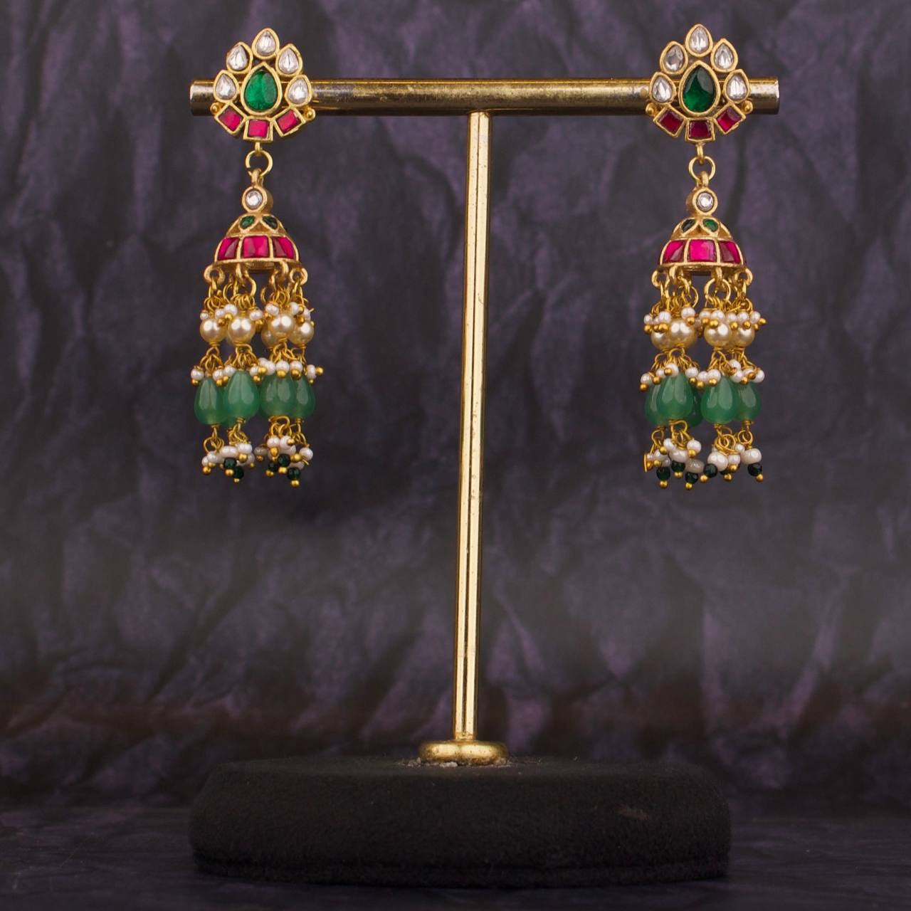 Floral Studded Jadau Kubdan Hanging Jhumki Earrings