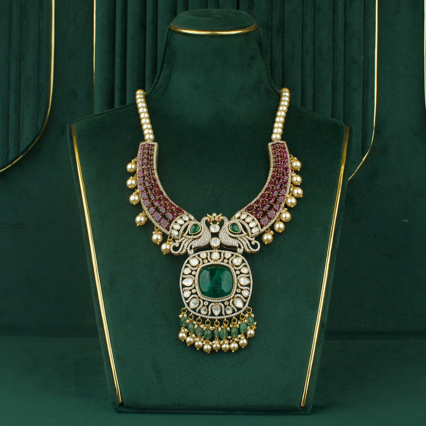 Grand Fusion Kundan & Polki Victorian Mehandi Necklace With Matching Earrings