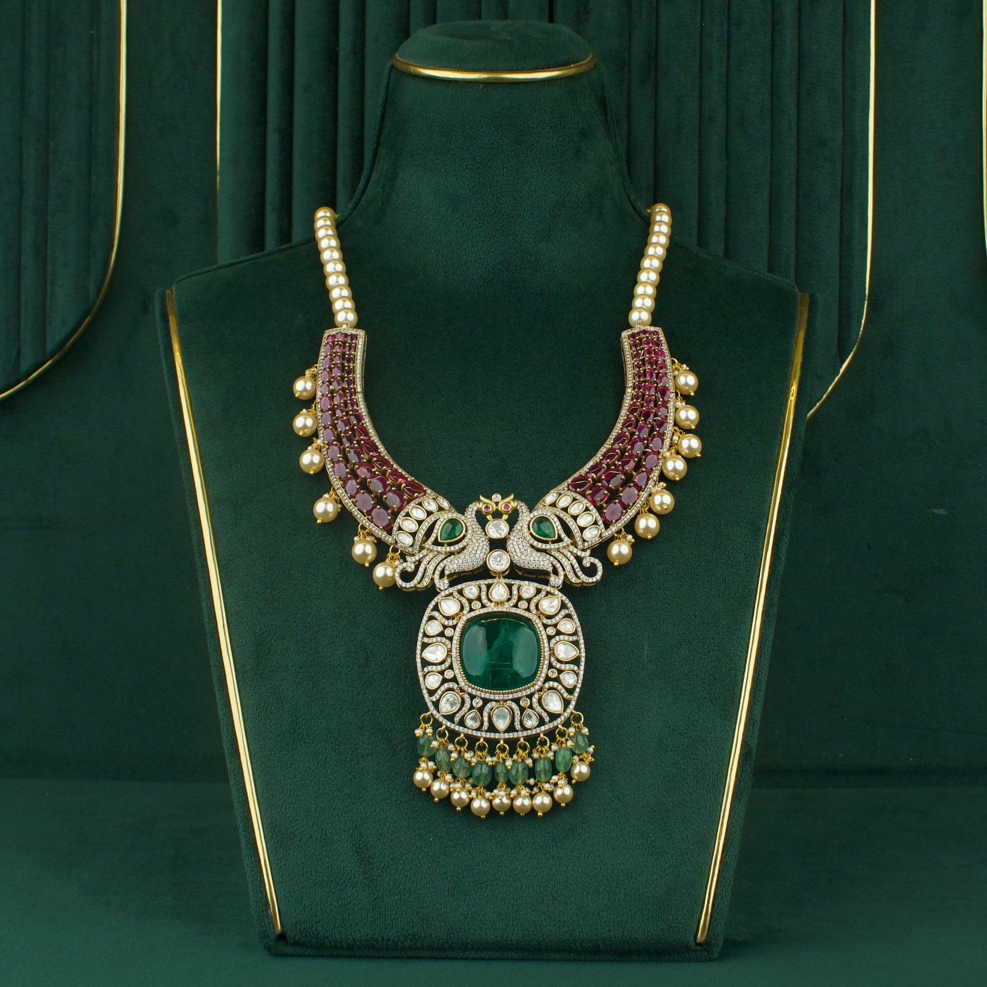 Grand Fusion Kundan & Polki Victorian Mehandi Necklace With Matching Earrings
