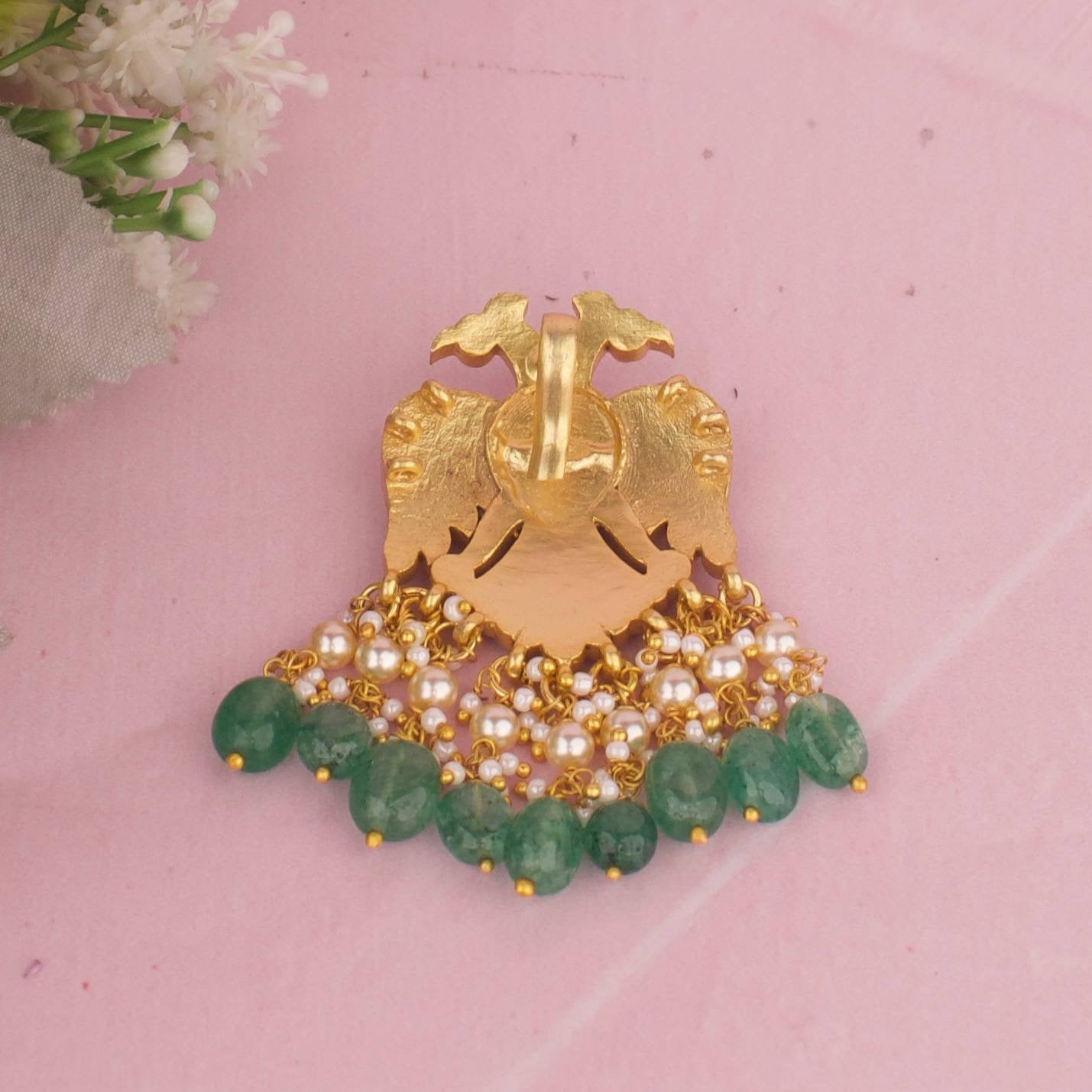 Ethnic Jadau Kundan Pendant With Rice Pearl Drops - Alternate View 1