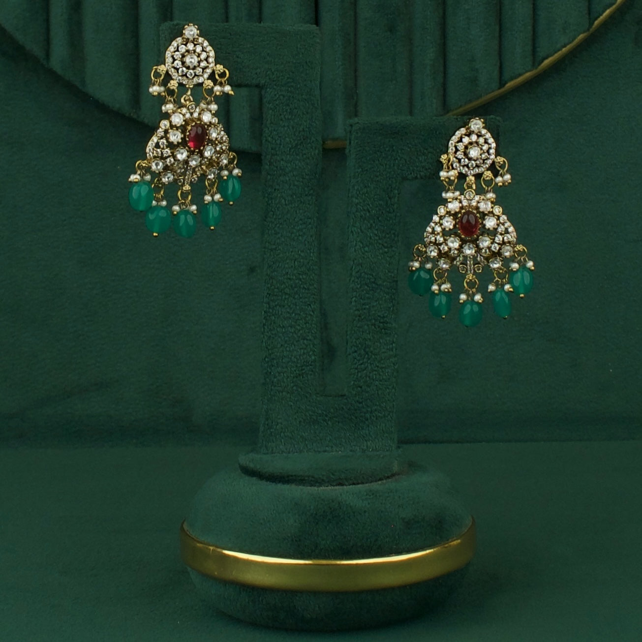 Ethereal Polki Mehandi Victorian Chand Bali Earrings Green Beads