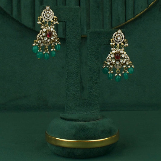 Ethereal Polki Mehandi Victorian Chand Bali Earrings Green Beads