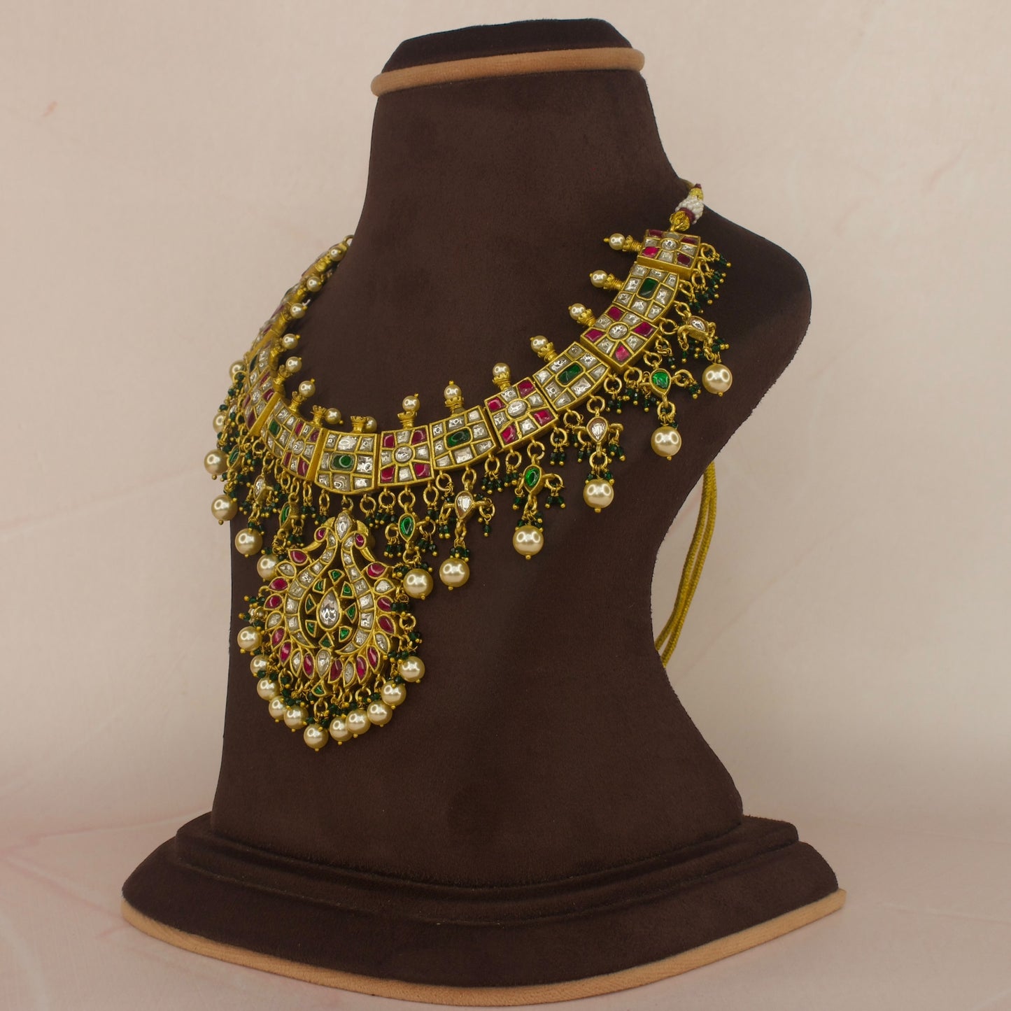 Opulent Jadau Kundan Necklace with Pearl and Green Accents - DULHAN JEWELS