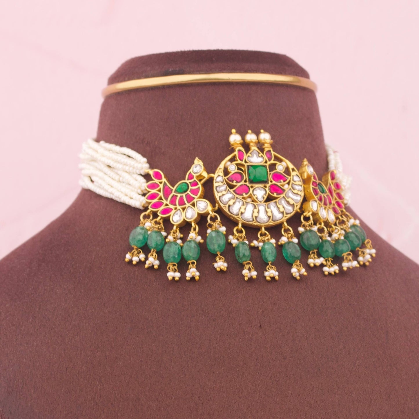 Elegant Jadau Kundan Choker With Emerald Drops