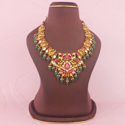Regal Jadau Kundan Necklace With Emerald Beads