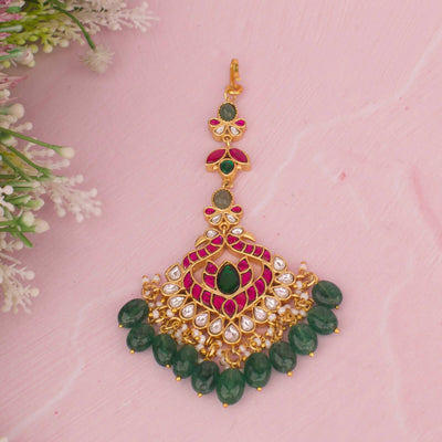 Peacock Design Jadau Kundan Maang Tikka With Emerald Beads