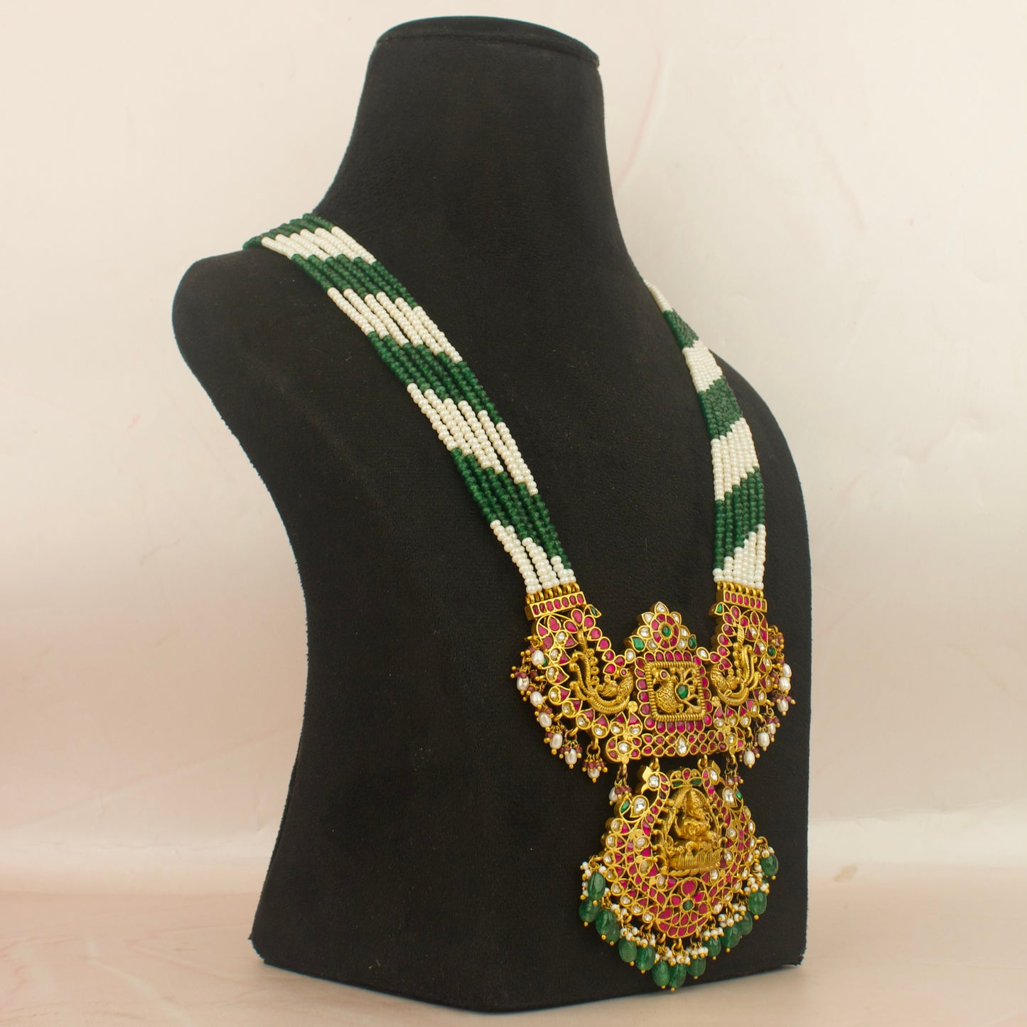 Traditional bridal nakshi jadau kundan beads necklace with green and white strands