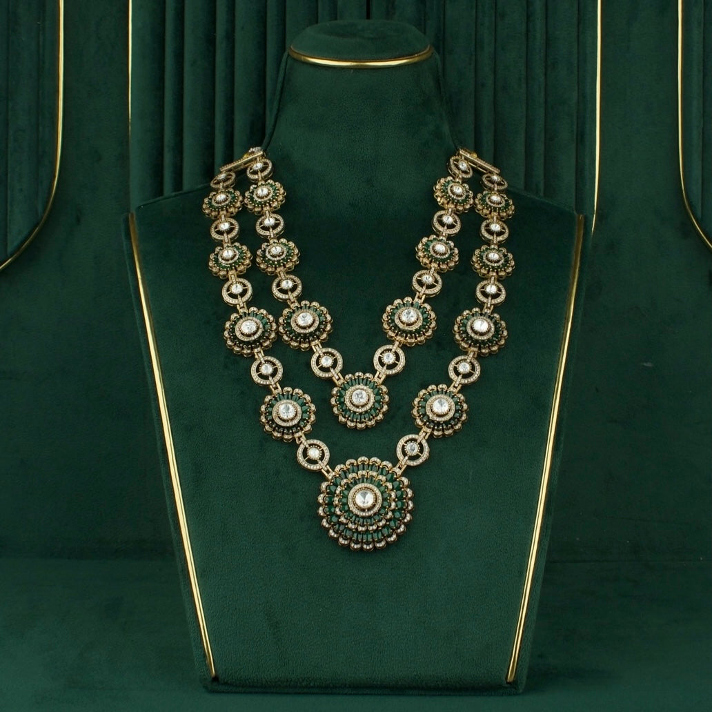 Grand floral Design Polki Victorian Layer Haram With Matching Hanging Earrings