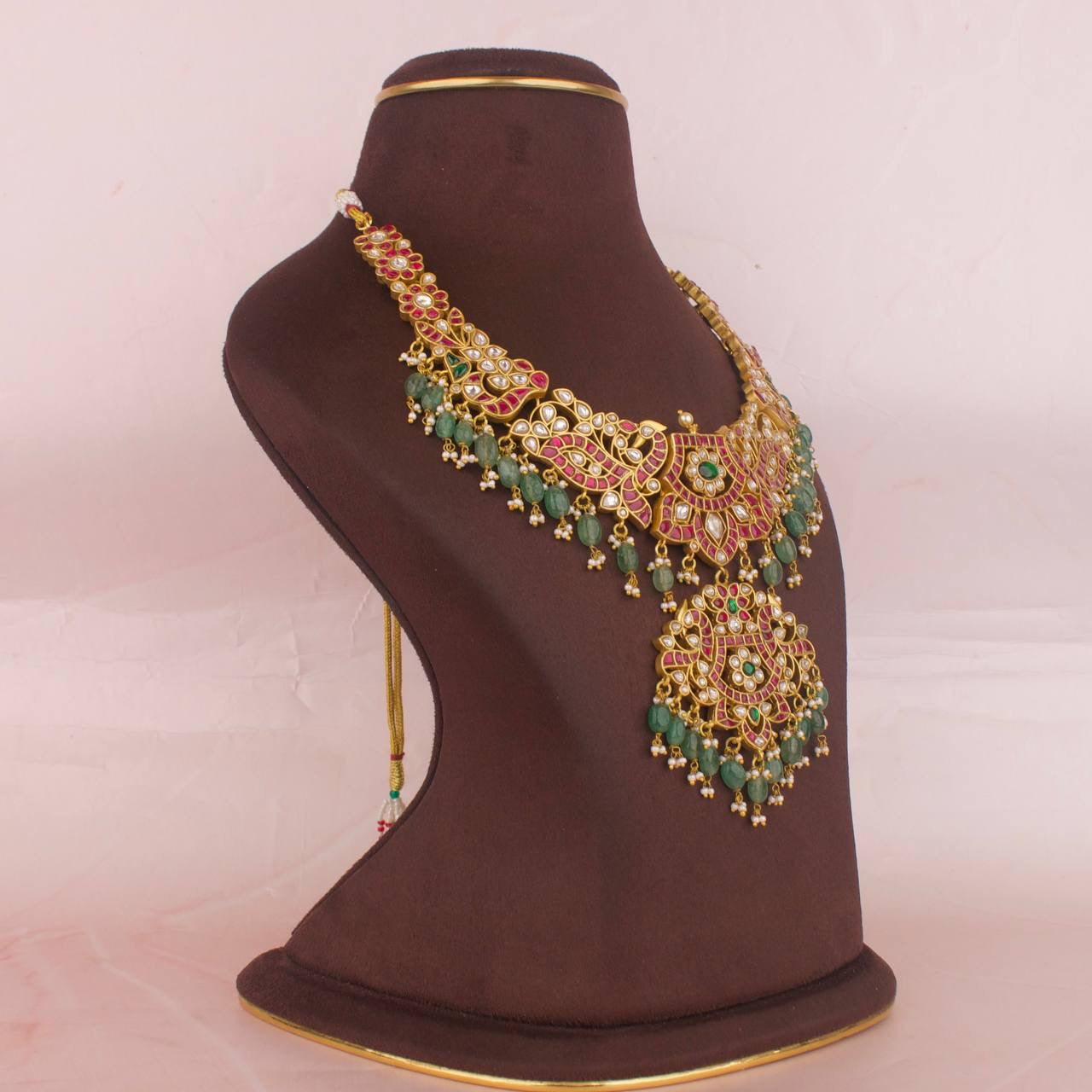 Peacock Design Jadau Kundan Necklace With Beads Hangings